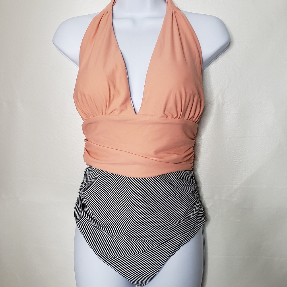 Cupshe Swimsuit One Piece Peach Black White Pinstripe Women's Medium 6/8 NWT